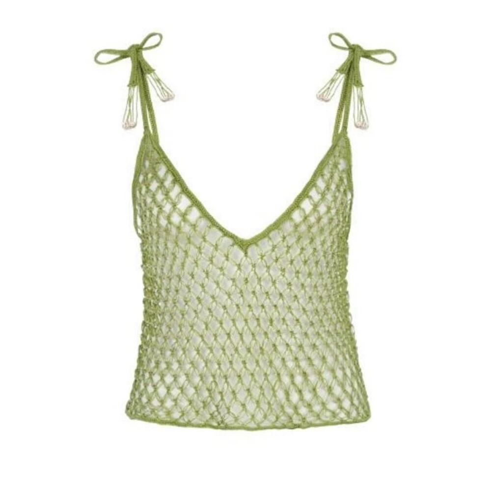 My Beachy Side Hand Crocheted Beaded Net Top Moss Green NEW one size